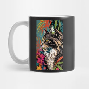 Maine Coon Cat Vibrant Tropical Flower Tall Retro Vintage Digital Pop Art Portrait 2 Mug